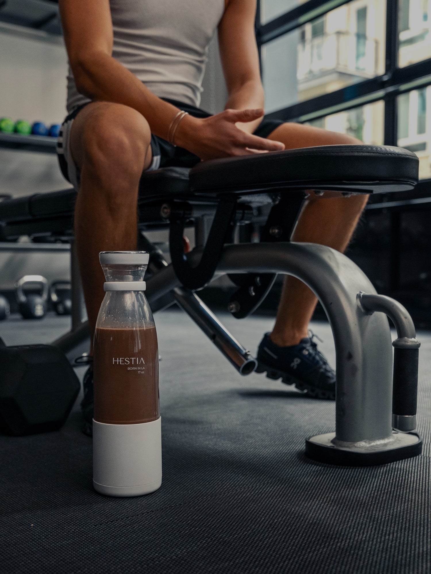 HESTIA portable blender at gym with protein shake